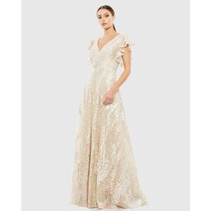 Mac Duggal Size 6 Ivory Nude Embellished Flutter Sleeve Lace A-Line Gown $798